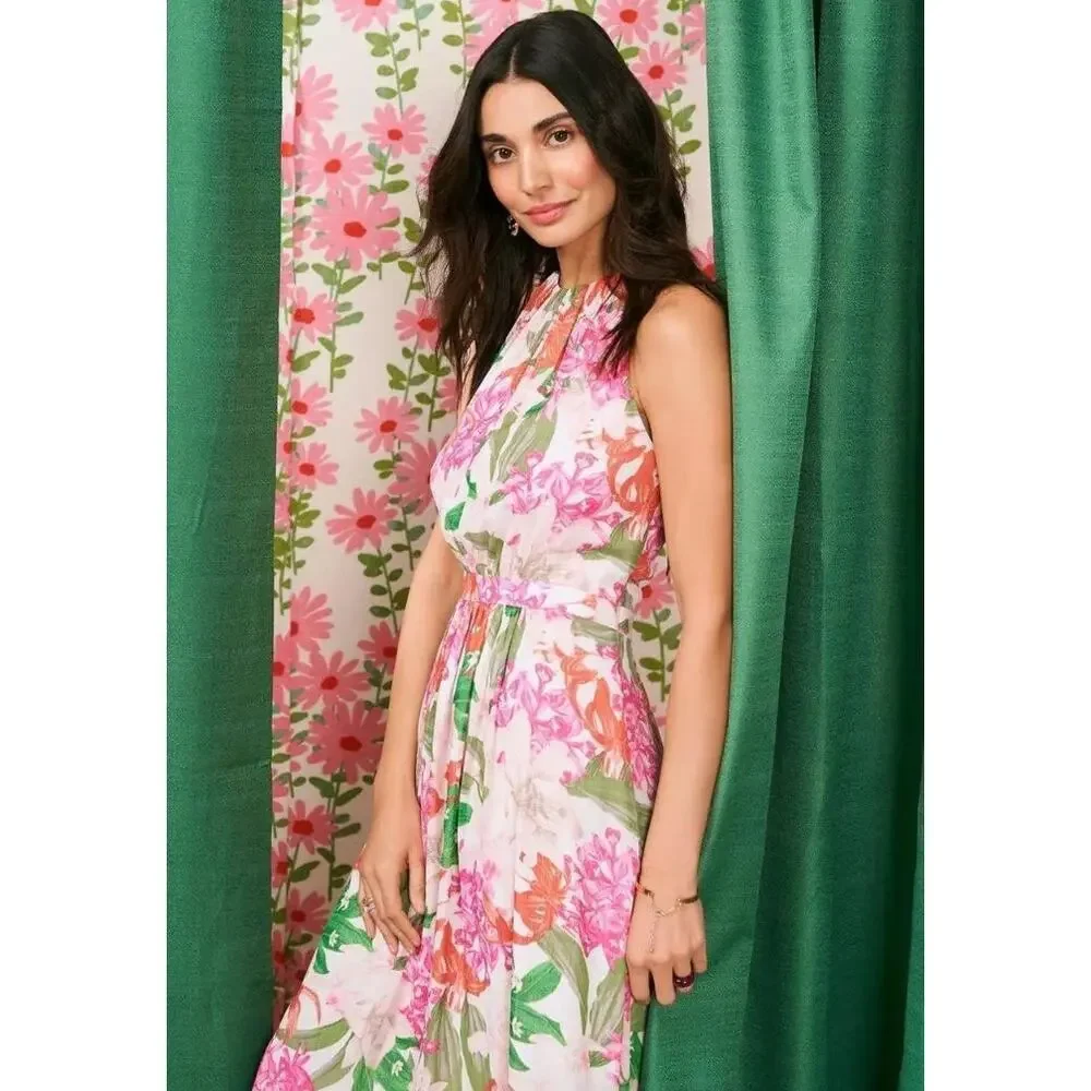 CeCe Pink Floral Print Halter Neck Tie Back Cut Out Pleated Maxi Dress Size 14W - Picture 5 of 9